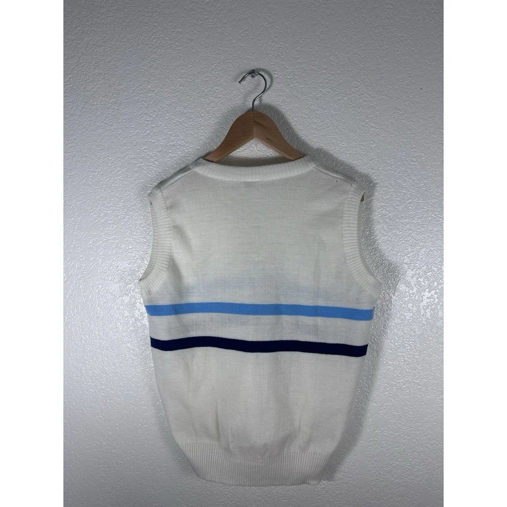 Vintage Ellesse Sweater Vest White Blue Striped Embroidered Logo V Neck